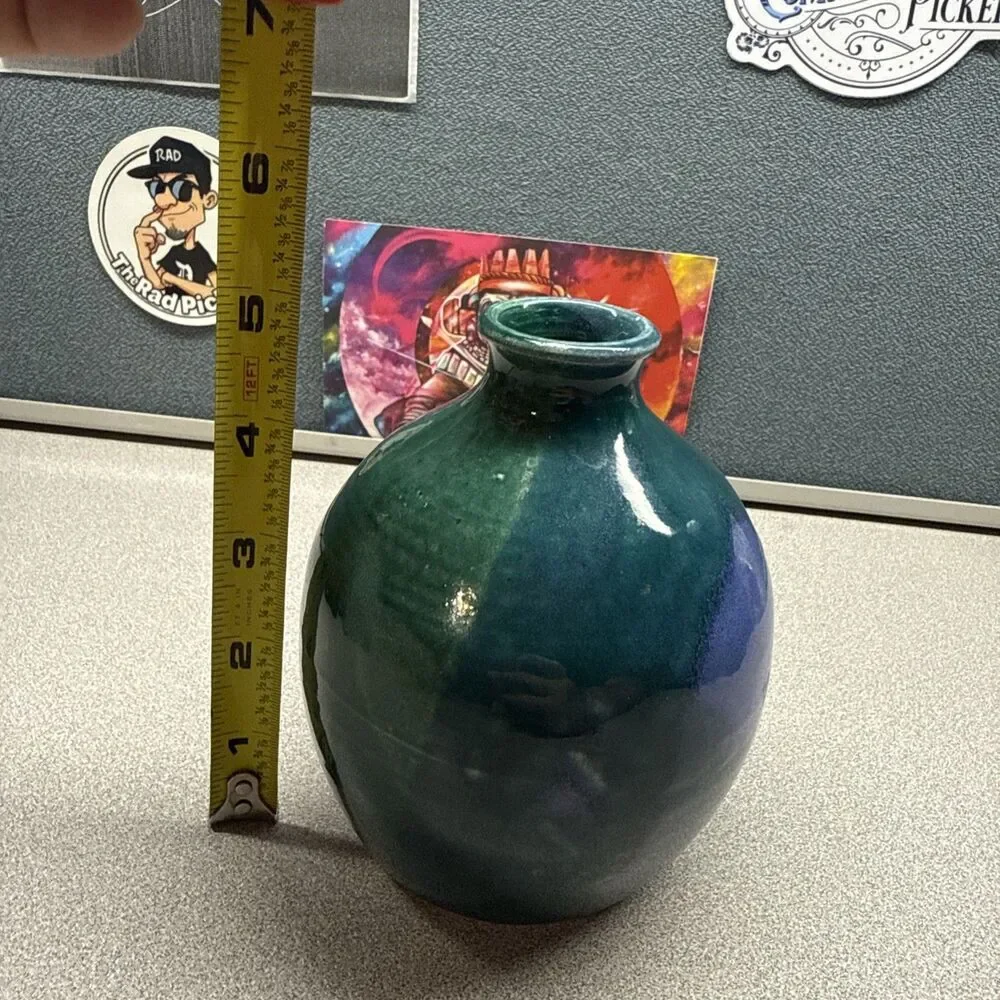 MCM Style Drip Glaze Bud Vase Ceramic Art Pottery Turquoise Blue Green 5 IN 1994